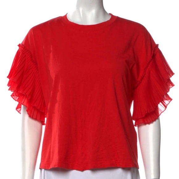 Alice + Olivia Scarlet Ruffle Sleeve Tee Size XL Red Pleated Christmas Holidays - Picture 2 of 2